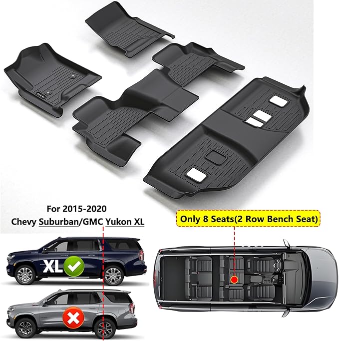 Floor Mats for 2015-2020 Chevy Suburban Only 8 Seats (2nd Row Bench Seats) TPE All Weather Protection Car Floor Liners Accessories