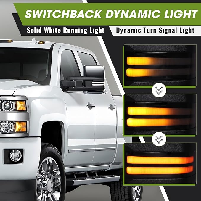Towing Mirrors for Chevy Silverado/GMC Sierra 1500 (2014-2018), 2500HD/3500HD (2015-2019) Switchback Dynamic Turn Signal/Running Lights Power Heated (Chrome)