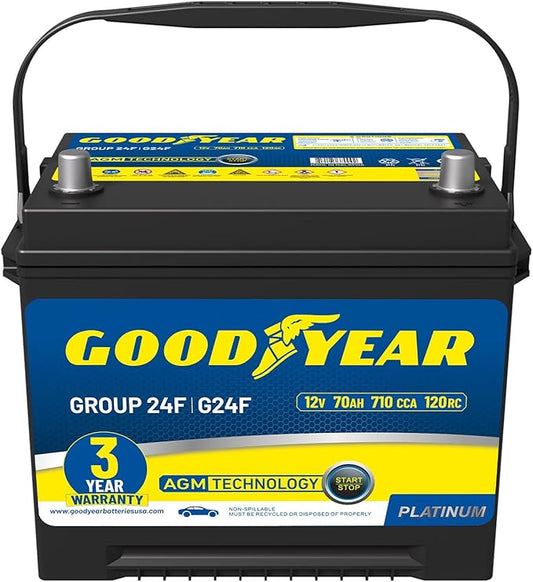 Goodyear 24F-AGM BCI Group Size 24F 12V 70 AH, 120RC, 710 CCA Platinum series Rechargeable AGM Maintenance Free Automotive Battery
