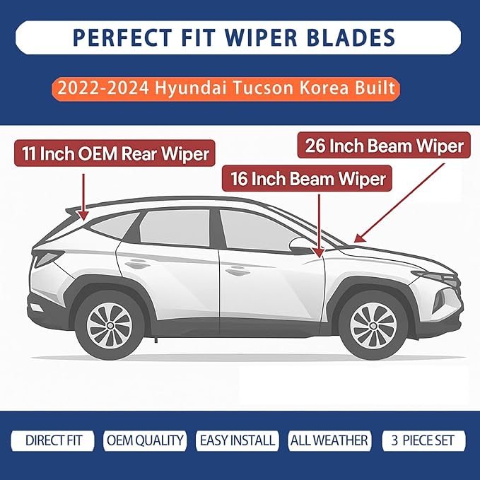 Windshield Wiper Blades for 2022 2023 2024 Hyundai Tucson - Complete Set Front & Rear (Korea Built 26"+16"+11") Premium All-Season Wipers