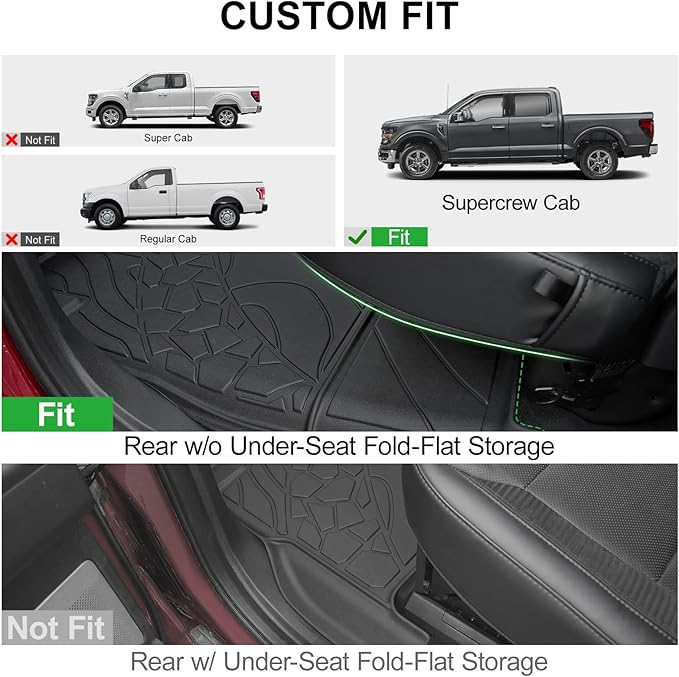 Car Floor Mats for Ford F-150 2015-2025 | F150 Lightning 2022-2025 SuperCrew (Rear w/o Fold Flat Storage) w/Carpet All Weather TPE Black Truck Liners Front & 2nd Row Door Protector Accessories