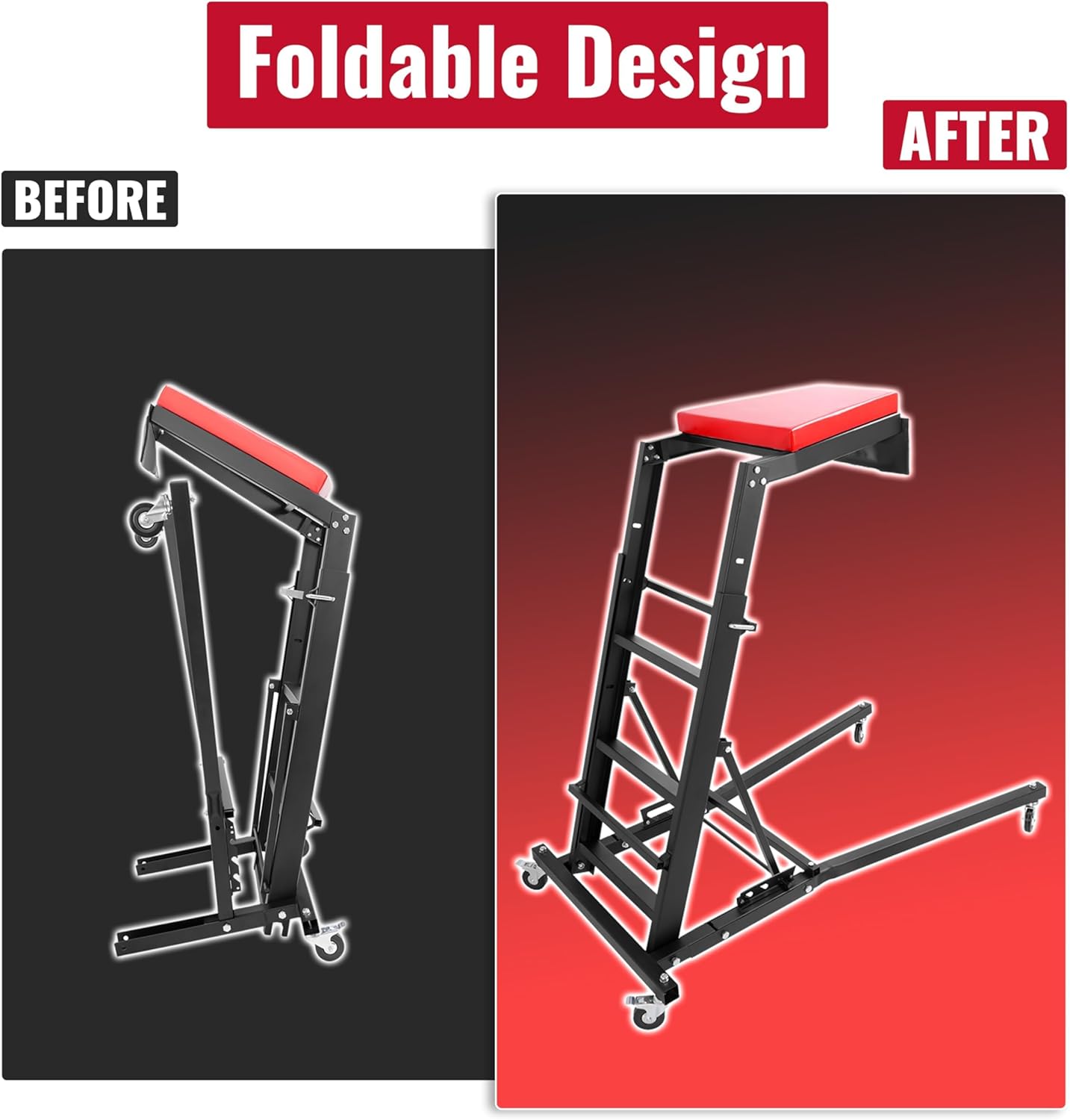 HECASA Top Automotive Creeper Easily Access Repair Engines, 50"-67" Adjustable and Foldable with 4 Swivel Caster Wheels 400LBS Weight Capacity Black Powder Coated Steel