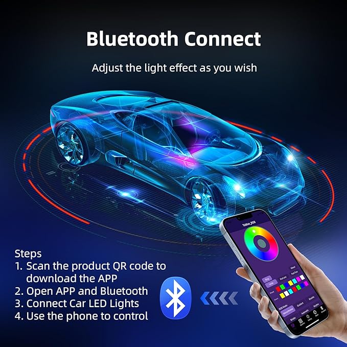 Wireless APP Control Car-Ambient-Lighting-Kit,256 RGB Colors DIY Modes Acrylic Interior Car LED Strip Light