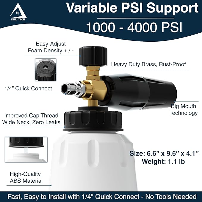 Foam Cannon for Pressure Washer, 1.1mm Orifice, 1000-4000 PSI, 1/4 Inch Quick Connector, Wide Neck and Adjustable Spray, Heavy Duty Car Snow Foam Blaster for Superior Foaming & Deep Clean, Black