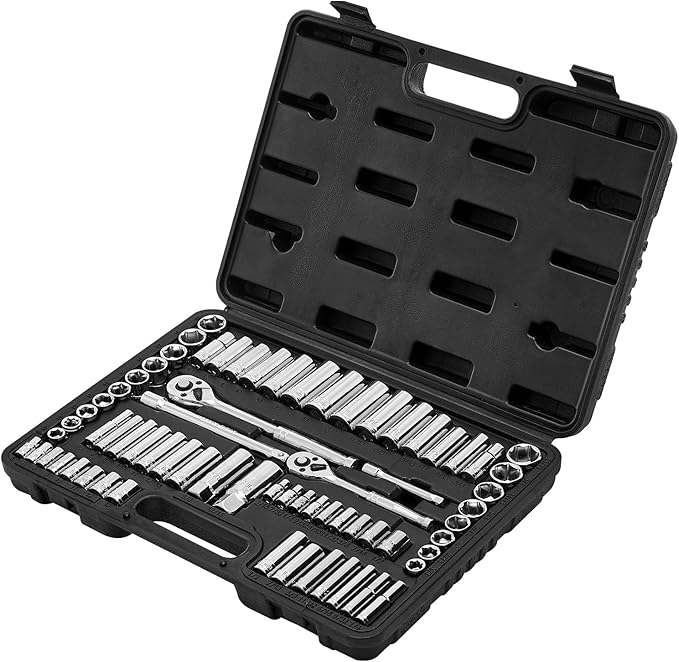 VEVOR Socket Set, 69 Pieces, 3/8 & 1/4 inch Drive Socket and Ratchet Set, SAE and Metric, Deep and Standard, Mechanic Tool Kit with Accessories and Storage Case, CR-V Alloy Steel, for Auto Repair