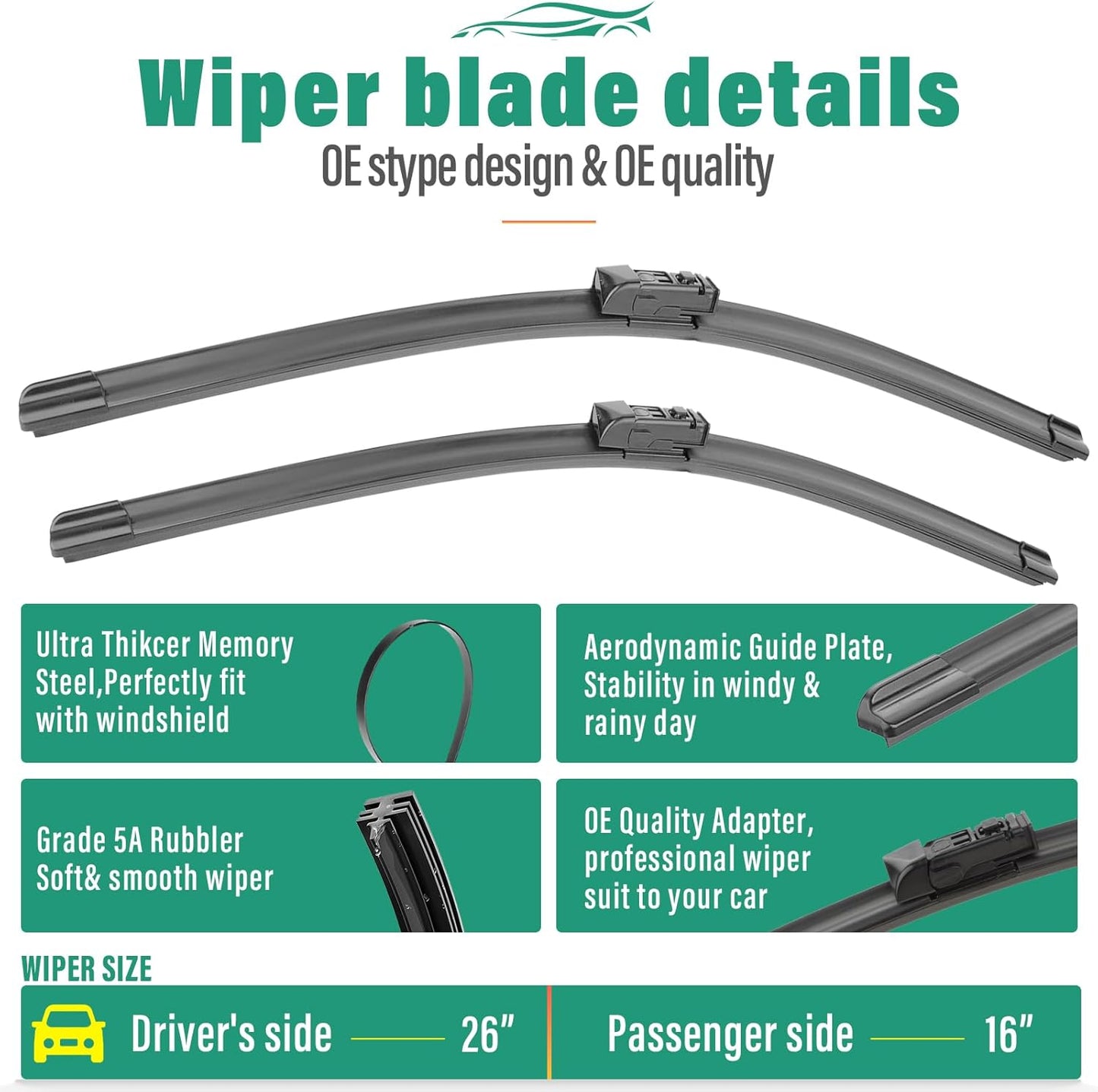 26" 16" 14" Windshield Wiper Blades Replacement for Toyota CHR C-HR 2018 2019 2020 2021 2022 Premium All Weather Front Rear Wipers Set - OEM Quality (Pack of 3)