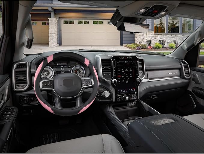 West Llama Customized Auto Car Steering Wheel Cover for Dodge RAM 1500 2500 3500, 15.5-16 inch (Blac+Pink - Large Size)