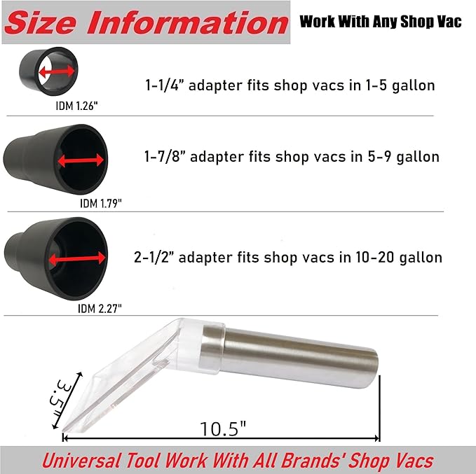 TunaMax Universal Work with All Shop Vacs with 2-1/2" & 1-7/8" & 1-1/4" Three Adapters Clear Extractor Attachment for Carpet Cleaning & Auto Detailing, Extraction Accessory for Wet Vacuum Cleaners