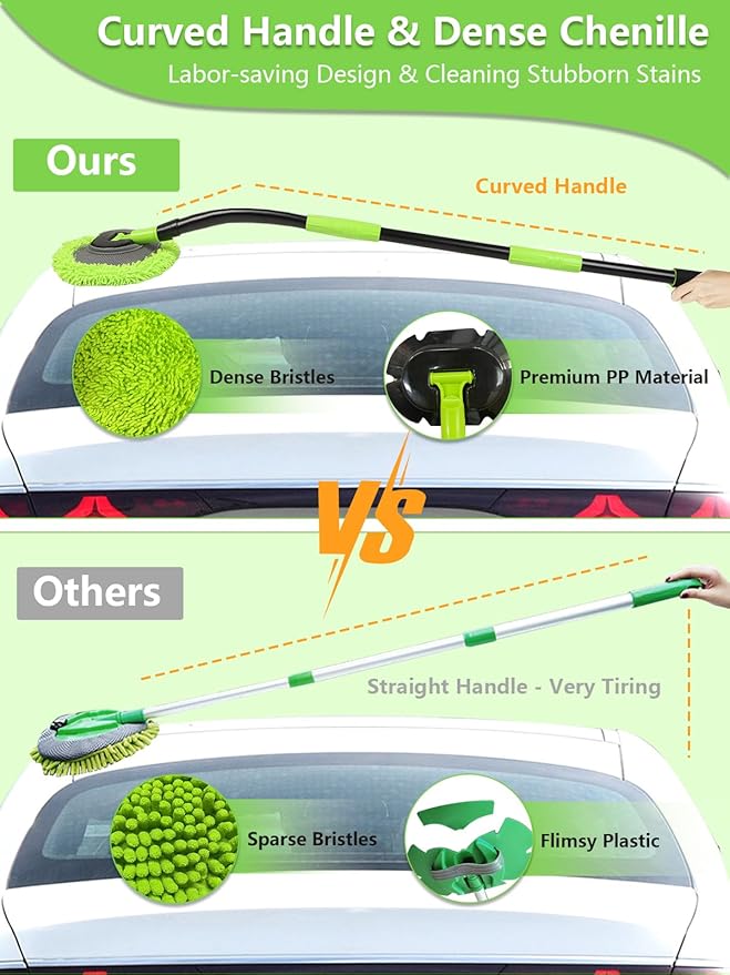 Curved Car Wash Brush Mop 47" with Long Handle Sturdy Metal Pole 3 Grip Points Washing Wand Auto Cleaning Tool Kit Scratch-Free Chenille Microfiber Soft Duster for Cars RV SUV Truck Caravan Van Window