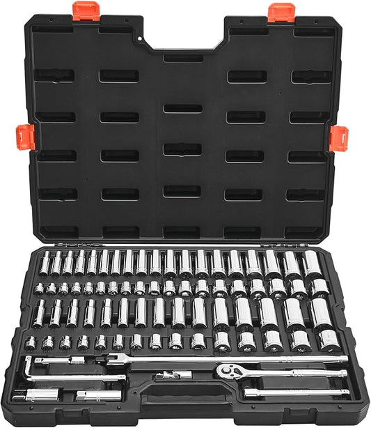 VEVOR Socket Set, 76 Pieces, 3/8 inch Drive Socket and Ratchet Set, SAE and Metric, Deep and Shallow, Mechanic Tool Kit with Accessories and Storage Case, CR-V Alloy Steel, for Automotive Repair