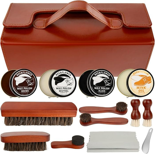 Shoe Polish Kit - Shoe Shine Kit | Leather Care Set with Horsehair Brush & Wooden Applicator | Portable Travel Case Included