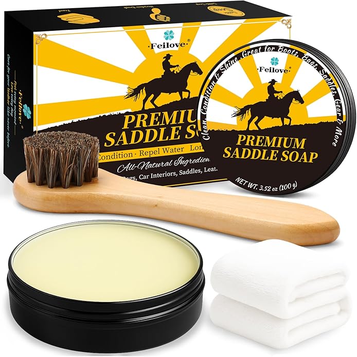 Saddle Soap for Leather – All-Natural 3-in-1 Leather Cleaner & Conditioner Kit with Horsehair Brush & Cloth – For Boots, Bags, Saddles, Car Interiors, Shoes 3.52oz