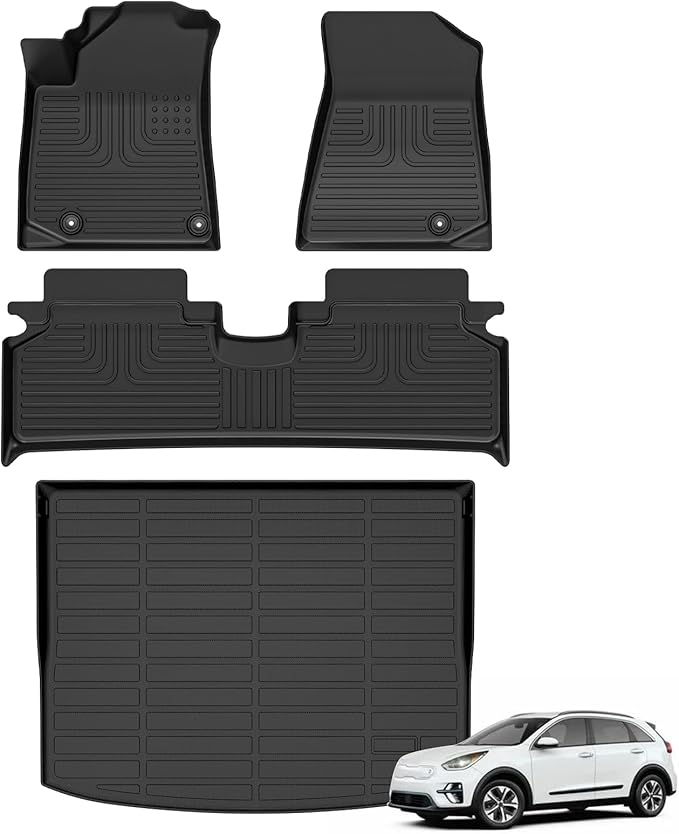 Floor Mats & Cargo Liner for Kia Niro EV 2023 2024 2025 (Not for phev & Only Fit with Dual Level Cargo Board Equipped)All Weather Automotive TPE Liners Set Anti-Slip Waterproof Floor Liners Black