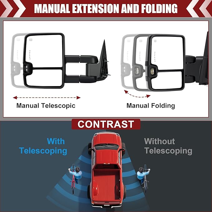 Tow Mirrors Compatible with 2003-2007 Chevy Silverado GMC Sierra, Extended Trailer Towing Side Mirrors with Sequential Switchback Turn Signal, Backup Light, Power Heated Adjustable, Chrome