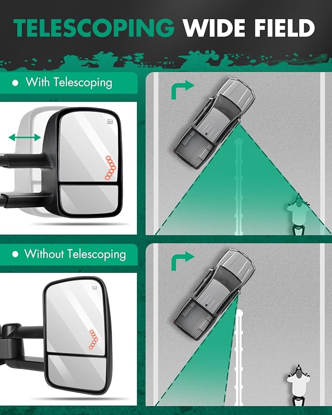 SCITOO Tow Mirrors Compatible with for 2007-2014 For Chevy For GMC 1500/2500 HD/3500 HD(07 New Body Only) Pickup Truck Power Adjusted Heated Turn Signal Light Black Towing Mirrors LH RH