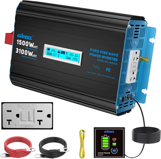 GIANDEL 1500 Watt Pure Sine Wave Power Inverter 12V DC to 120V AC,3100W Surge Peak Power,UL Listed GFCI Outlets,FCC Approved,USB-C36W,Remote with Battery Monitor for RVs,Campers,Off Grid Solar Setup