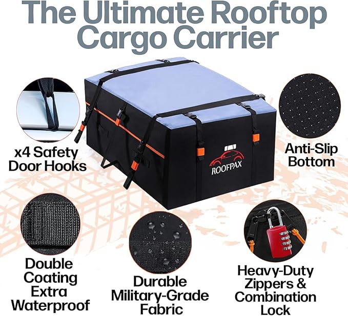 RoofPax Waterproof 19 Cubic Feet Rooftop Cargo Carrier Bag – Heavy Duty Car Roof Storage with Double Zipper & Tie Down Straps – Fits Cars with or Without Roof Rack