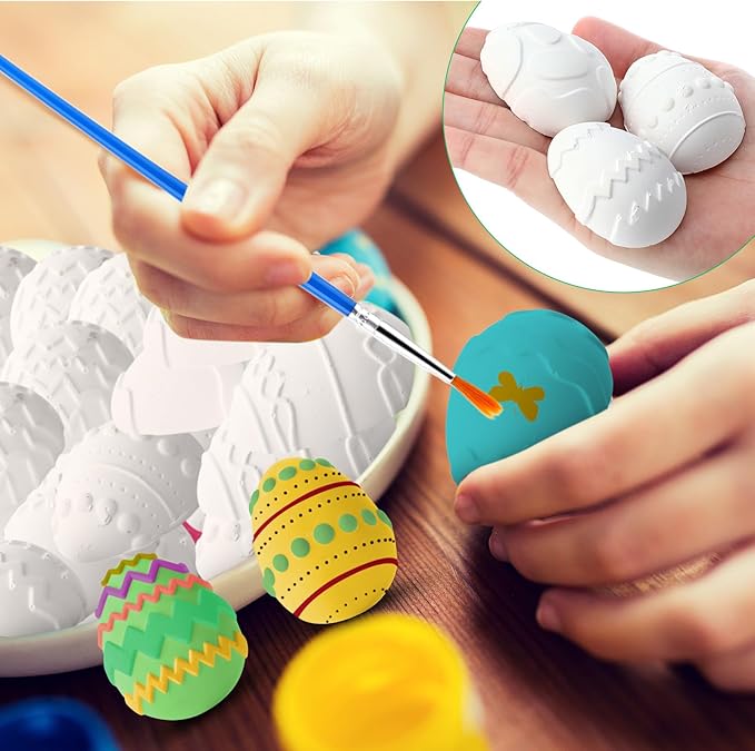 24 Set Easter Egg DIY Painting Kit Ceramic to Paint Your Own Egg Statues Unpainted Plaster Figurines with Brushes Acrylic Bags Arts and Crafts Kits Party Favor for Adults