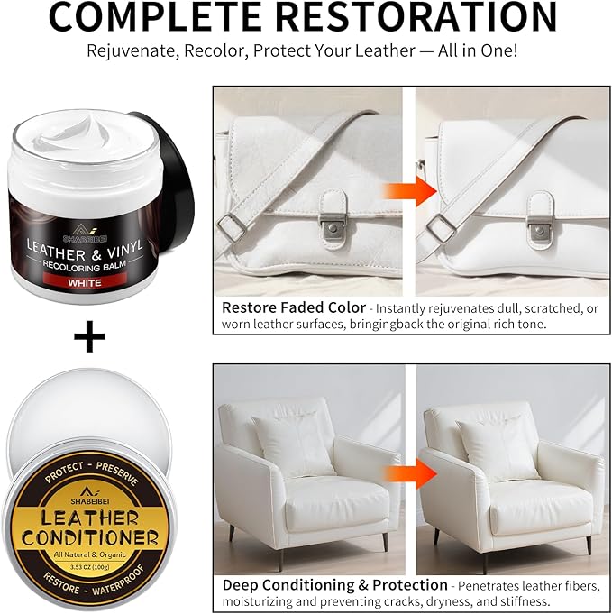 Leather Recoloring Balm with 100ml Mink Oil, White Leather Repair Kit and Scratch Remover for Furniture, Car Seats, Sofas, Dye & Restorer for Couches, Vinyl, PU, Faux