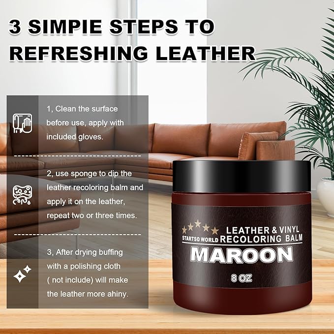 STARTSO WORLD Leather Recoloring Balm, Maroon Leather Repair Kit for Furniture, Leather Dye, Leather Color Restorer for Couches, Leather Couch Paint | Repair, Restore & Renew Old, Faded Leather