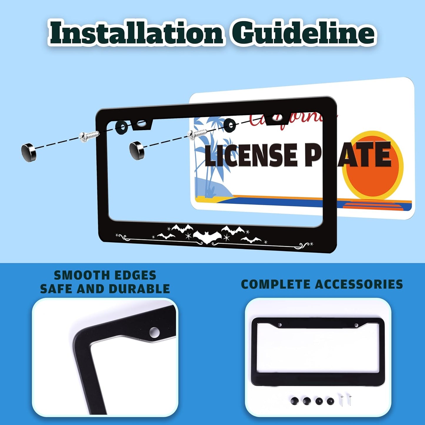 Bat License Plate Frame Funny Gothic Style License Plate Holder Animal for Front or Rear Car Tags Reusable Durable Stainless Steel Car Decoration with Screws 6.3 X 12.2 Inch for Men Women