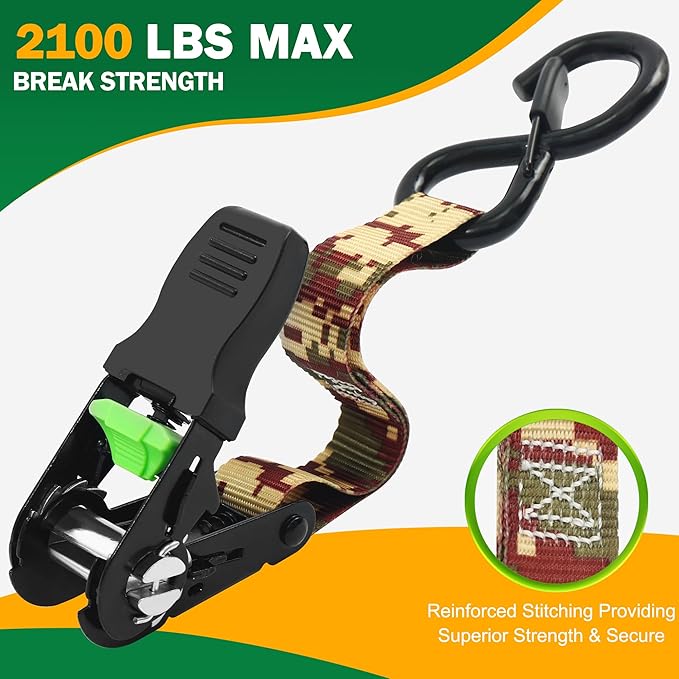 Motorcycle Tie Down Strap (4PK) - 2,100lb Break Strength Ratchet Tie Down Straps Set with 2 Bungee Cord, Soft Loop Ratchet Straps for Moving Appliances, Lawn Equipment, Cargo Straps for Trucks, Camo