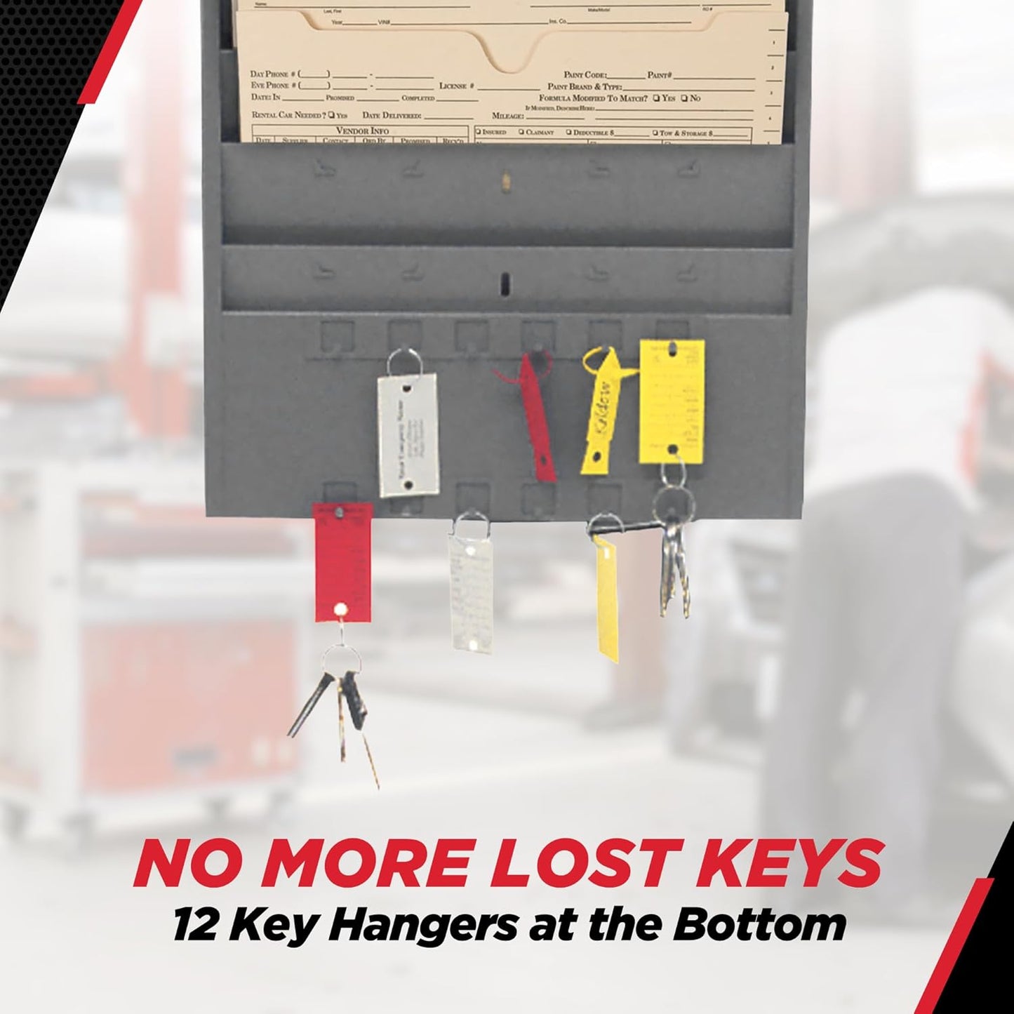 CHAMP® Repair Order Rack with Key Hanger, Heavy-Duty 12-Pocket Alloy Steel Wall Mount Organizer with 12 Key Hangers, Ideal for Auto Workshops and Garages - Gray