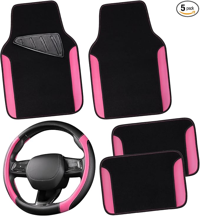 CAR PASS Faux Leather Steering Wheel Cover and Waterproof Car Floor Mats,Universal Car Combo Fit for 95% Sedan,SUV,Cars,14.5-15inch Sporty Anti-Slip Safety Comfortable Design(Black＆Pink)