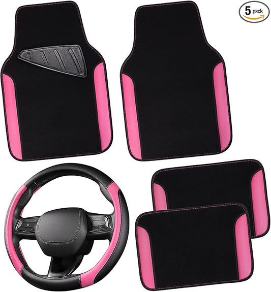CAR PASS Faux Leather Steering Wheel Cover and Waterproof Car Floor Mats,Universal Car Combo Fit for 95% Sedan,SUV,Cars,14.5-15inch Sporty Anti-Slip Safety Comfortable Design(Black＆Pink)