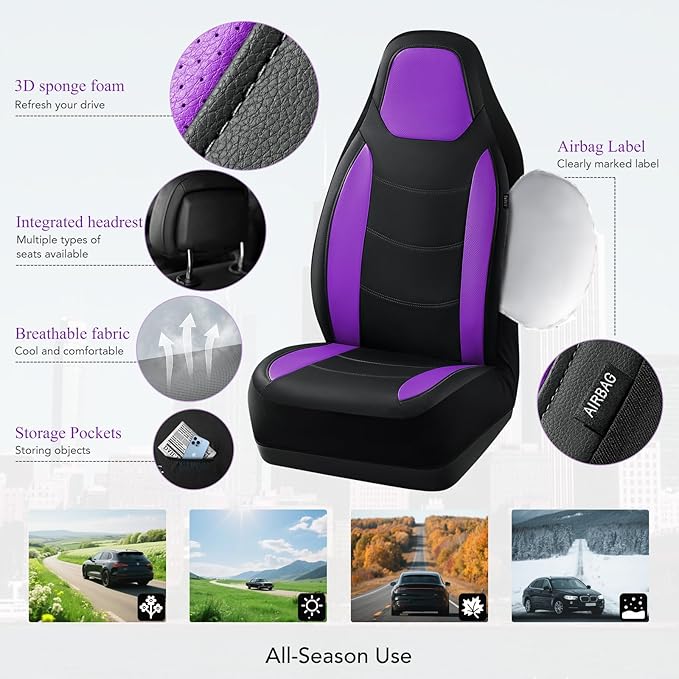 Road Comforts Car Seat Cover, Leather Car Seat Covers, Automotive Low Back Car Seat Covers, Airbag Compatible, Universal Fit for Most Cars (Purple)