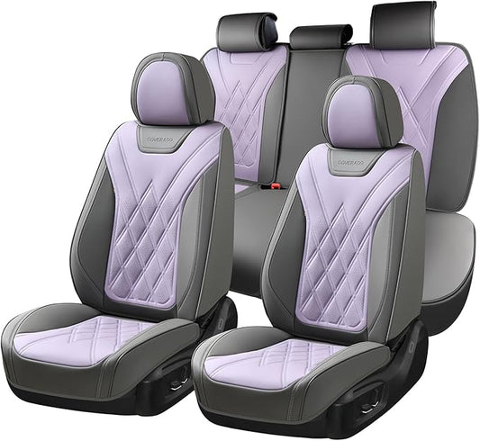 Coverado Car Seat Covers Full Set, Seat Covers for Cars, Waterproof Leather Automotive Seat Cover, Universal Car Interior Protectors Cushion for Most Cars Gray_Pruple
