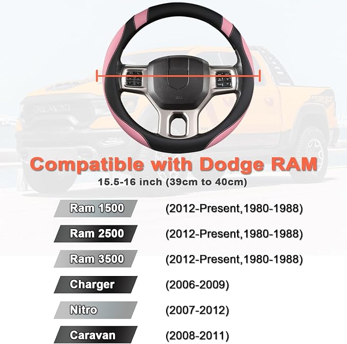 West Llama Customized Auto Car Steering Wheel Cover for Dodge RAM 1500 2500 3500, 15.5-16 inch (Blac+Pink - Large Size)