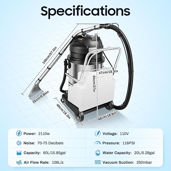 60L Carpet Cleaner Machine Deep Cleaner, 110V Commercial Carpet Cleaning Machine, Sofas Curtains Carpet Shampooer Machine Portable Carpet Cleaner, Floor Scrubber Machine Dust Extractor