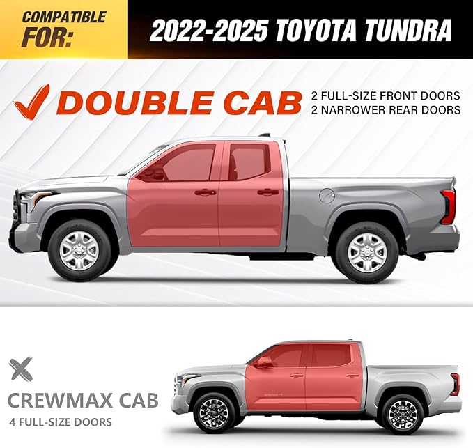 Three Raised Steps Double Cab Running Boards Compatible with 2022-2025 Toyota Tundra DoubleCab (2 Half-Size Rear Doors) Side Steps, Two Stair Design Style Nerf Bars Black Truck Side Rails