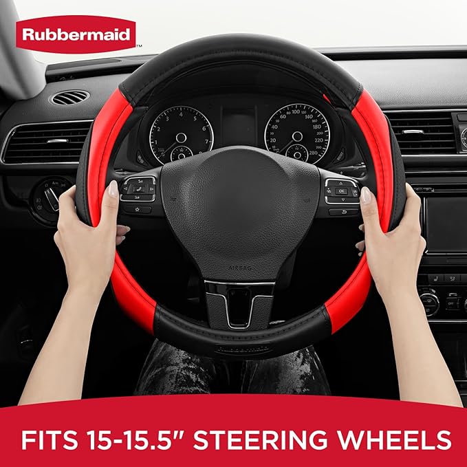Rubbermaid Steering Wheel Cover – Universal Fit 14.5"–15" Steering Wheel Cover, Anti-Slip Grip, Breathable Leather, All-Season Protection, Interior Upgrade for Cars, Trucks, SUVs - Red