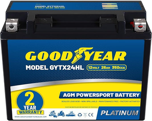 Goodyear GYTX24HL - 12 Volt 26 AH, 350 CCA, Rechargeable High-Performance, Maintenance Free, SLA - AGM Battery for Motorcycle, ATV, UTV, Scooter, Snowmobile, Motorbike and more!