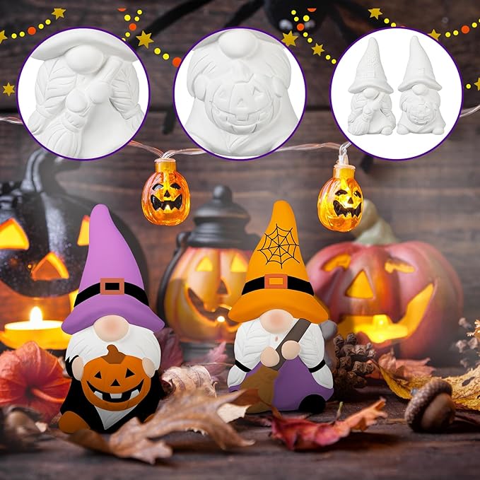 Hollowfly 2 Pack Halloween Ready to Paint Your Own Gnome Statues, 4 Spider Web Pumpkin Mini Blank Ceramics Unpainted Gnome Figurines Craft DIY Art with Brush Palette Paint for Adults