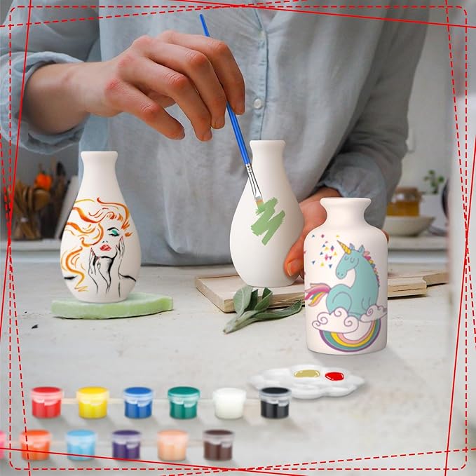 Singhoow 4 Set Paint Your Own Porcelain Paint Vase Art Project White Ceramic Painting Kit for Adults Porcelain Vase Decorating Kit with Christmas Holiday Supplies DIY(Charming)