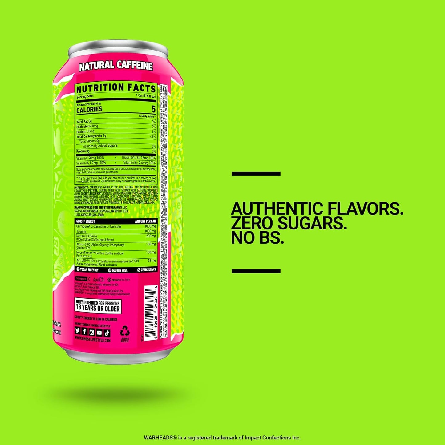 GHOST Energy Drink - 12-Pack, Warheads Sour Watermelon, 16oz - Energy & Focus & No Artificial Colors - 200mg of Natural Caffeine, L-Carnitine & Taurine - Gluten-Free & Vegan