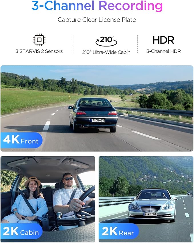 VIOFO A329S 4K 3 Channel Dash Cam, 4K Front + 2K Cabin Fisheye (210°) + 2K Rear, Power Saving Parking Mode, Wi-Fi 6 App Control, All-Channel STARVIS 2 Sensors, Supports up to 4TB SSD Storage