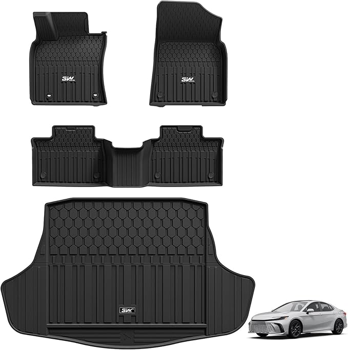 3W Floor Mats & Cargo Liner for Toyota Camry 2025 2026, TPE All Weather Custom Fit Camry(Hybrid/LE/SE/XLE/XSE), 1st & 2nd Row and Trunk Mat, Black