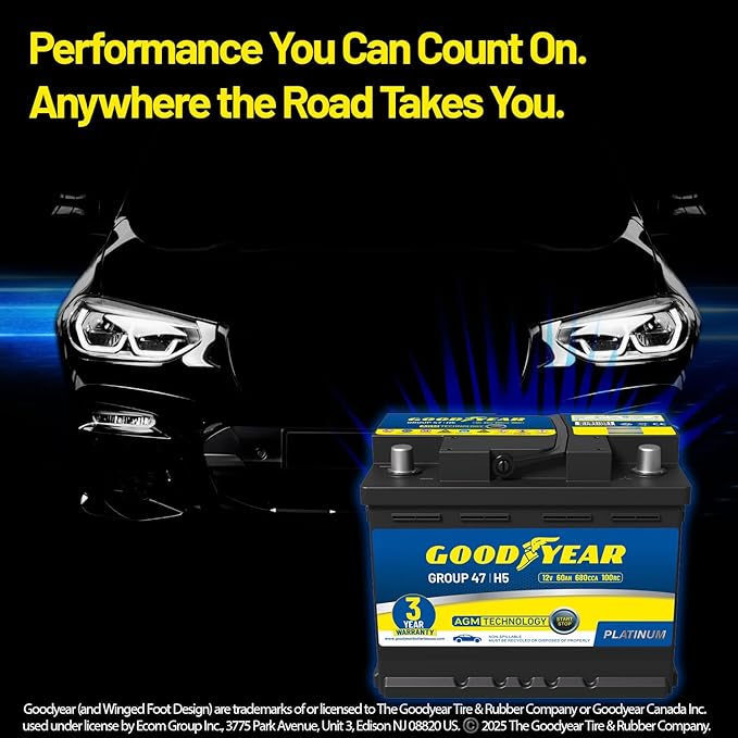 Goodyear 47-H5-AGM BCI Group Size 47 12V 60 AH, 100RC, 680 CCA Platinum series Rechargeable AGM Maintenance Free Automotive Battery