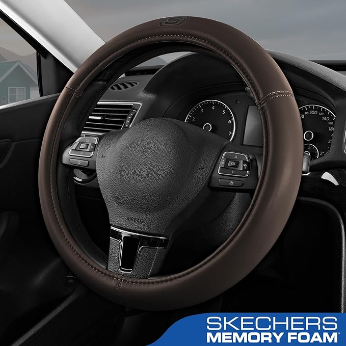 Skechers Memory Foam Steering Wheel Cover,Grade Protein Leather Steering Wheel Cover,Universal Anti-Slip Fit 14" 1/2-15" Car Wheel Cover for Men Women Fit Suvs,Vans,Sedans,Car,Trucks,Brown