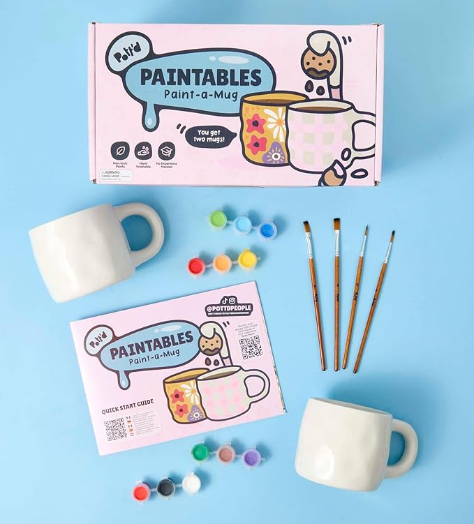 Pott'd Paintables Paint Your Own Mug Kit - DIY Mug Painting Kit for Adults. Ceramic Painting Kit for Adults Includes Mugs, Paints, Brushes, Cloth and Painting Inspiration Guide