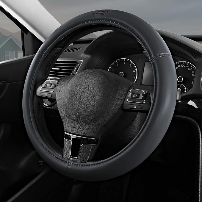 Skechers Memory Foam Steering Wheel Cover,Grade Protein Leather Steering Wheel Cover,Universal Anti-Slip Fit 14" 1/2-15" Car Wheel Cover for Men Women Fit Suvs,Vans,Sedans,Car,Trucks,Grey