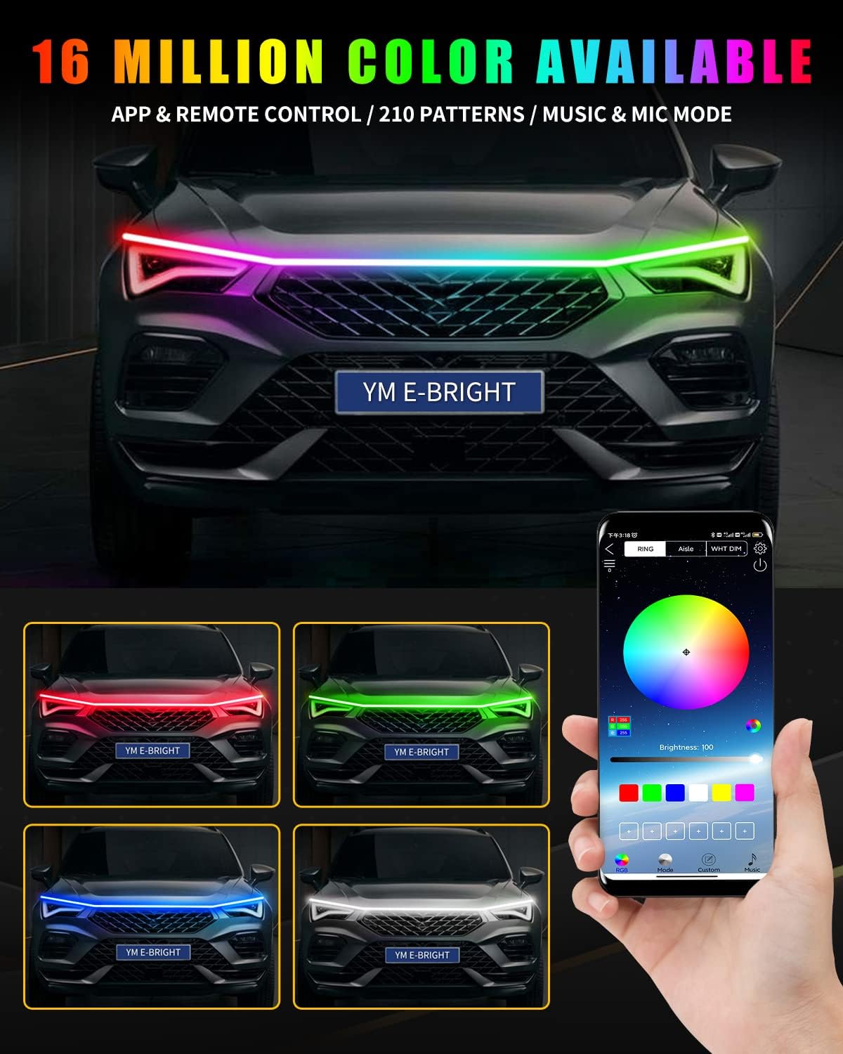 YM E-Bright Car Led Lights Exterior RGB Hood Light Strip Waterproof Multicolor Dynamic Scan Start Up Hoodbeam Kit DRL Daytime Running Lights for Cars,Truck,SUV,APP Control,12V 70inch