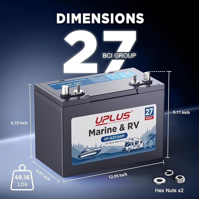 UPLUS BCI Group 27M Dual Purpose Marine Battery, 12V 92Ah 800CCA AGM Starting and Deep Cycle Boat & RV Batteries for Navigation Devices, Lights and Engines