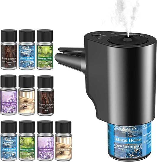 Car Air Freshener, 5 Scents, 10 Refills, Smart car Air Freshener for Vent Clips, Auto On/Off, Three Spray Modes, Car Fresheners Long Lasting (1Pack)