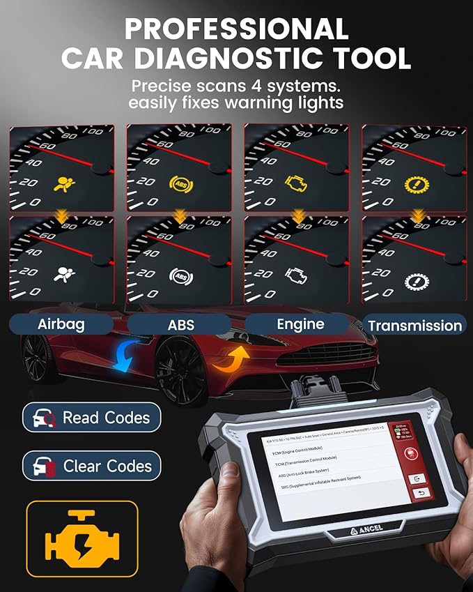 ANCEL DS100 OBD2 Scanner - ABS, SRS, Transmission & Check Engine Code Reader with 7 Reset, Oil/Brake/BMS/SAS/ETS Reset, ABS Bleeding, Gear Learning, Lifetime Free Update, Online Customer Service