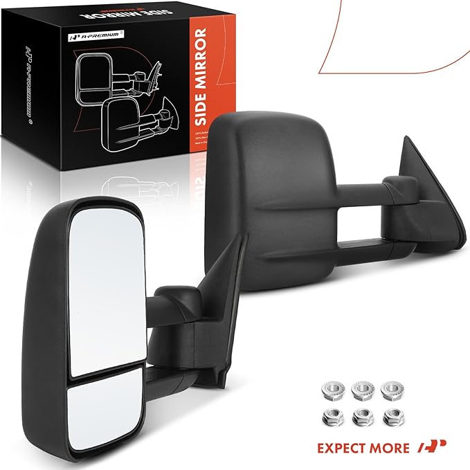 A-Premium Pair (2) Towing Mirrors Compatible with Chevy Silverado, Tahoe, Suburban, Avalanche & GMC Sierra 1500 2500 3500 HD, Yukon XL - 1999-2007 - Non-Heated Manual Glass Adjust Telescoping Folding